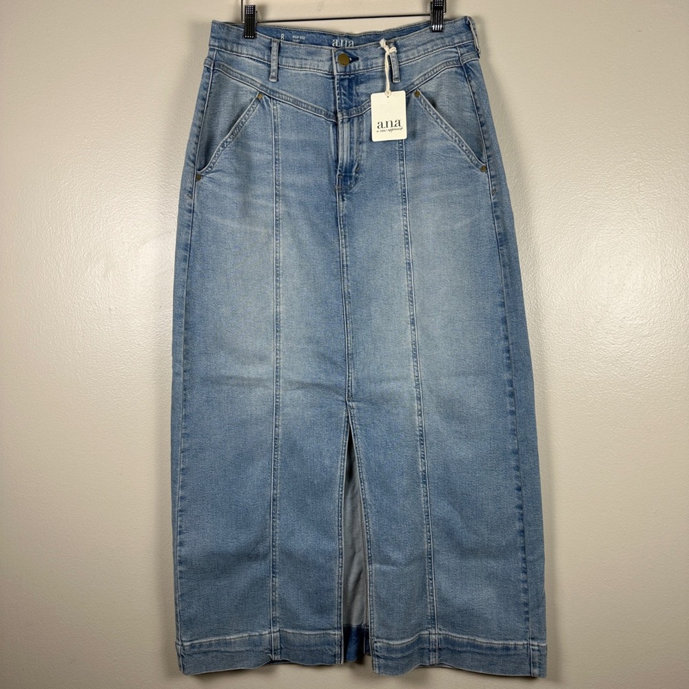 a.n.a Women's 8 Denim Skirt Medium Indigo Haze High Rise Front Slit Midi Skirt